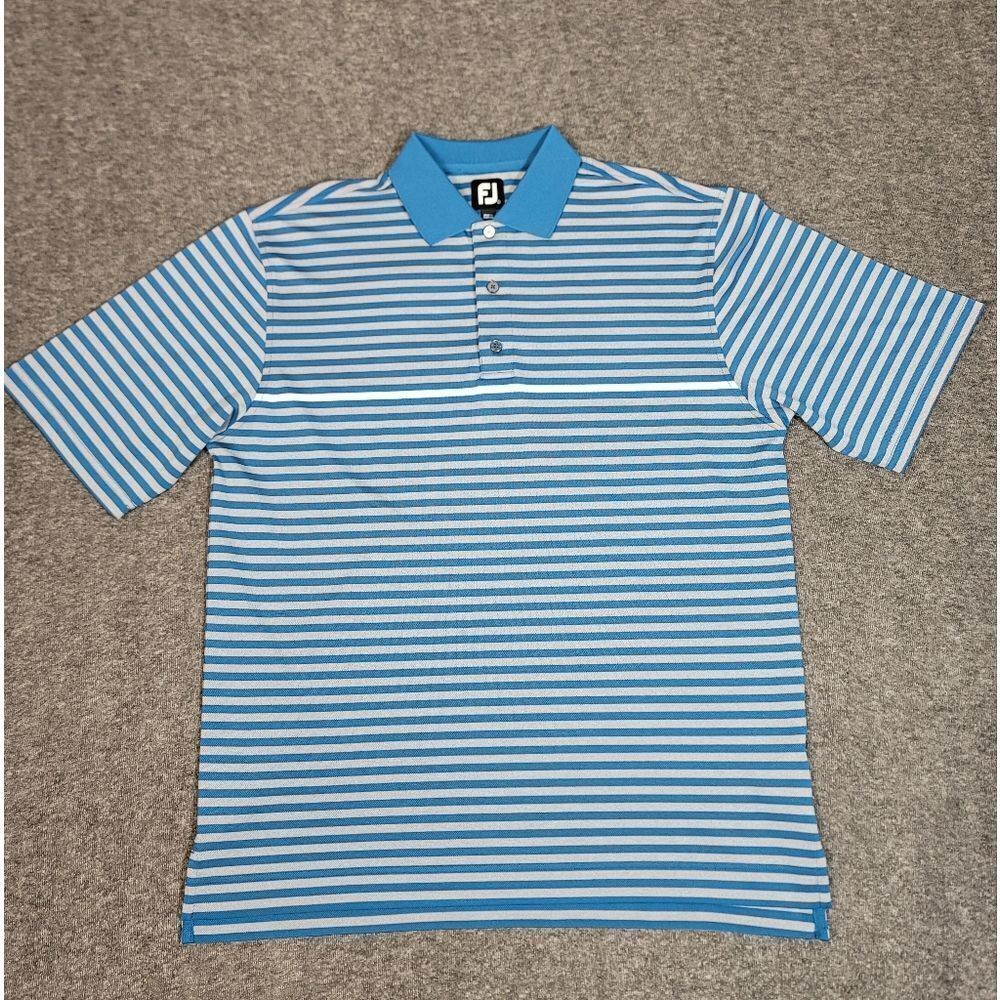 Footjoy Men’s Golf Polo Shirt Size L Knit Blue Gay Sriped  Short Sleeve